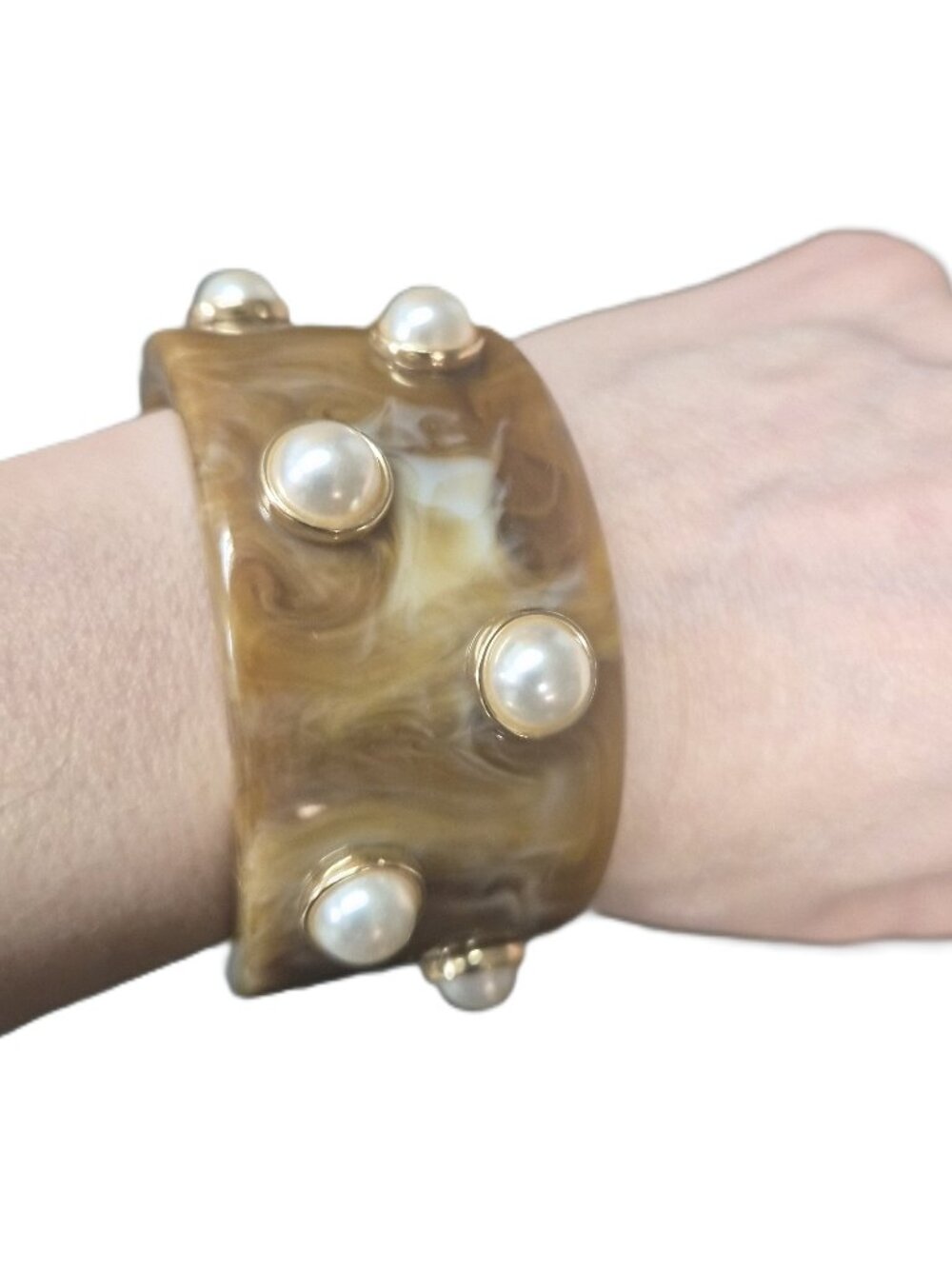 VTG Y2K Marbled Resin Cuff Bracelet w/Faux Pearls Chunky Statement Coastal Beach